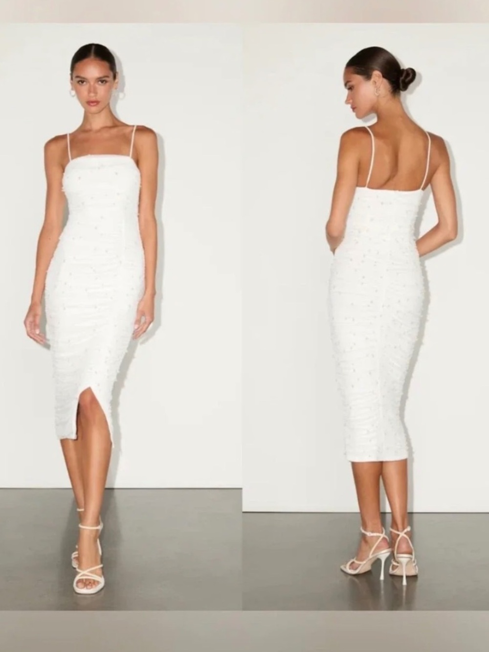 NWT Lulus Toast to Romance White Ruched Pearl Bodycon Midi Dress L